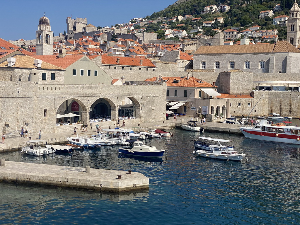 The Old Port, St. Blaise`s Church, the Tvrdava Minceta fortress and the Dominican Monastery, viewed from the eastern city walls