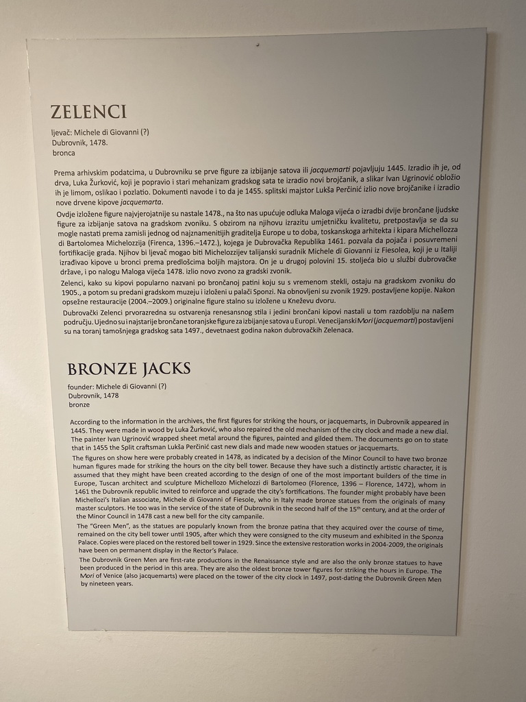 Information on the `Bronze Jacks` statues at the lower floor of the Rector`s Palace