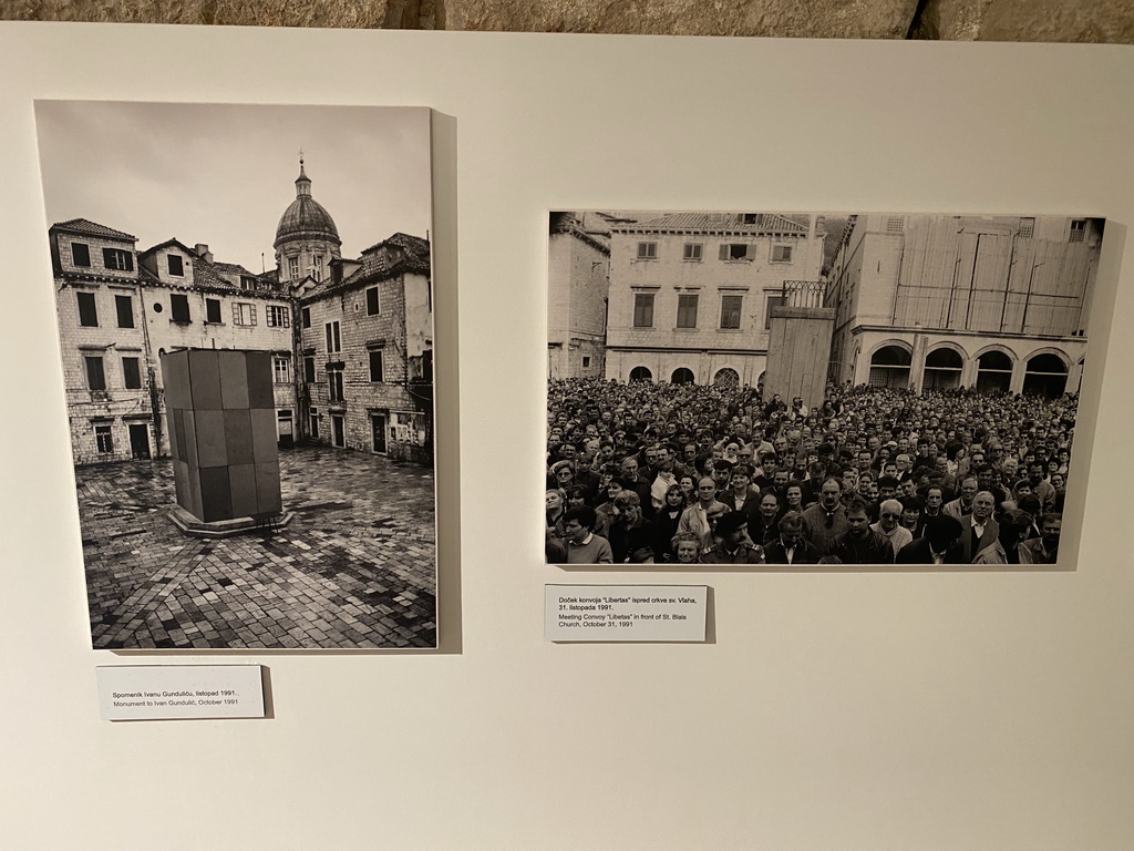 Photographs of the Monument to Ivan Gundulic and the Meeting Convoy `Libetas` in front of St. Blaise`s Church at the `War Photographs` exposition at the lower floor of the Rector`s Palace, with explanation