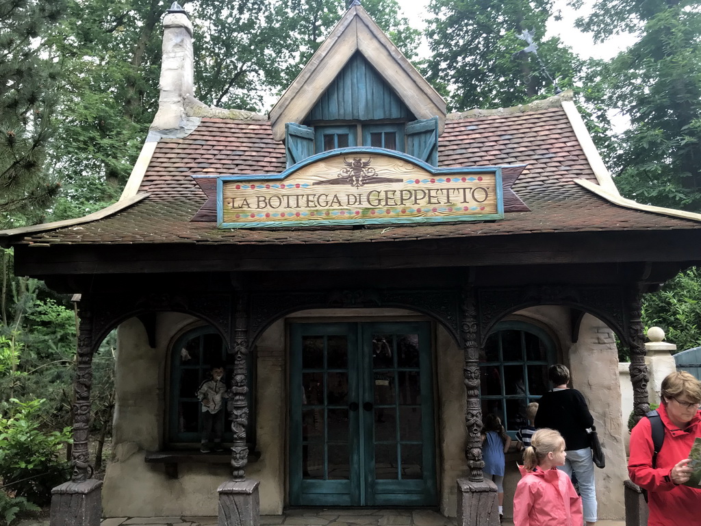 Max in front of Geppetto`s House at the Pinocchio attraction at the Fairytale Forest at the Marerijk kingdom