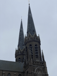 Towers of the Sint-Jozefkerk church, viewed from the Panhuijsenpad street at Tilburg