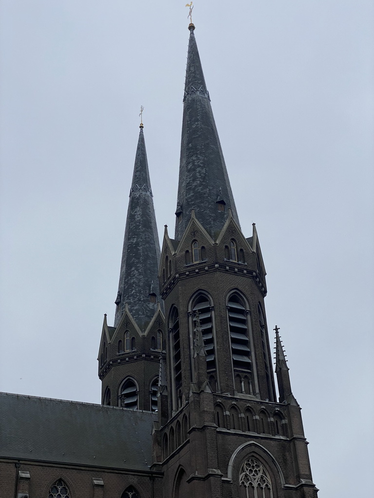 Towers of the Sint-Jozefkerk church, viewed from the Panhuijsenpad street at Tilburg