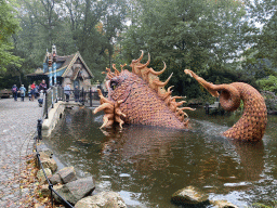 Geppetto`s House and giant fish at the Pinocchio attraction at the Fairytale Forest at the Marerijk kingdom
