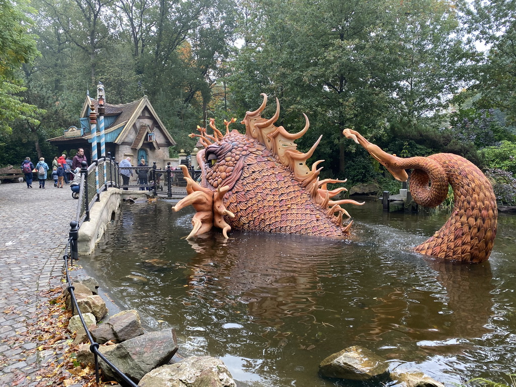 Geppetto`s House and giant fish at the Pinocchio attraction at the Fairytale Forest at the Marerijk kingdom