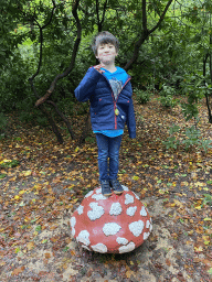 Max on a mushroom statue at the Fairytale Forest at the Marerijk kingdom