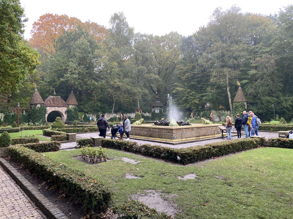 The Herautenplein square with the Fountain of the Frog King and Magical Clock attractions at the Fairytale Forest at the Marerijk kingdom