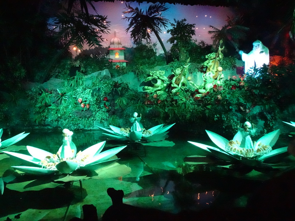 The Witch, the Frogs, the Water Lilies and the Fakir`s Tower at the Indian Water Lilies attraction at the Fairytale Forest at the Marerijk kingdom