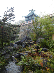 Waterfall in front of the Chinese Nightingale attraction at the Fairytale Forest at the Marerijk kingdom