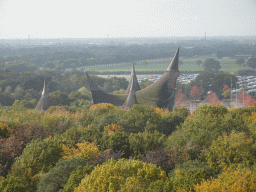 The House of the Five Senses, the entrance to the Efteling theme park, and the parking lot, viewed from the Pagoda attraction at the Reizenrijk kingdom