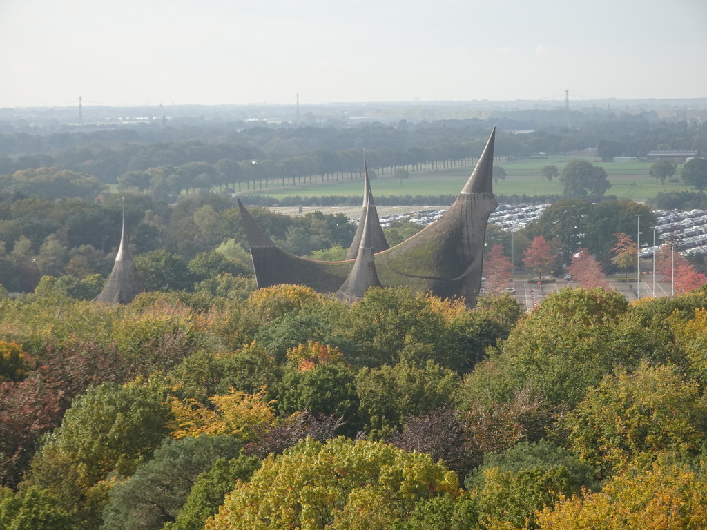 The House of the Five Senses, the entrance to the Efteling theme park, and the parking lot, viewed from the Pagoda attraction at the Reizenrijk kingdom