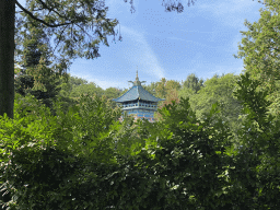 Tower of the Chinese Nightingale attraction at the Fairytale Forest at the Marerijk kingdom, viewed from the Anton Pieck Plein square