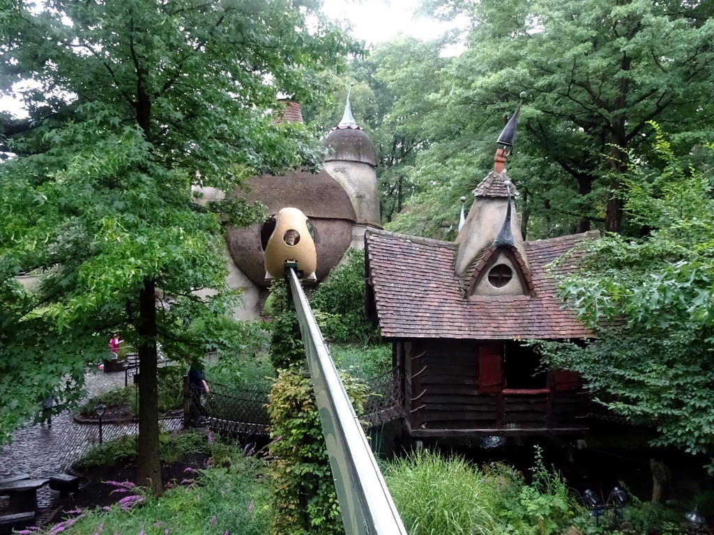 The Lijn`s Zweefhuys and Lavelhuys buildings at the Laafland attraction at the Marerijk kingdom, viewed from the monorail