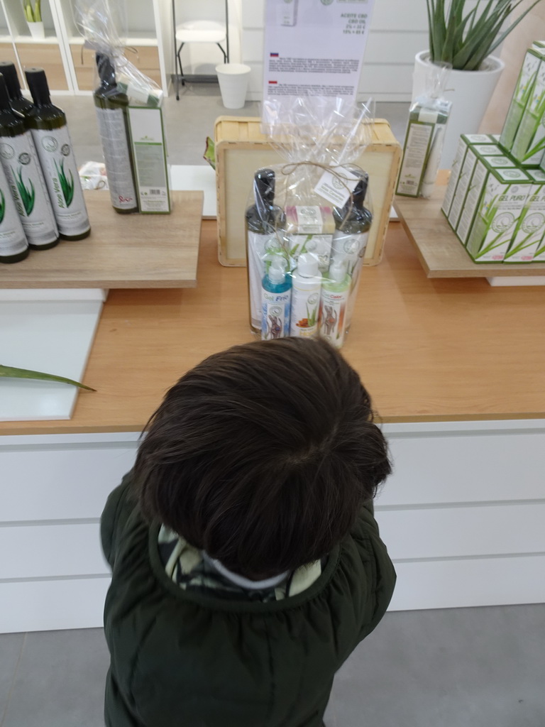 Max with Aloe Vera products at the main building of the Aloe Vera farm