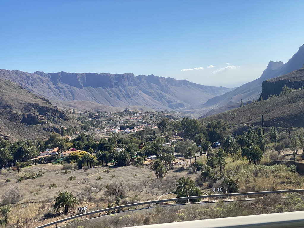 The Barranco de Fataga ravine with the town center, viewed from the tour bus on the GC-60 road