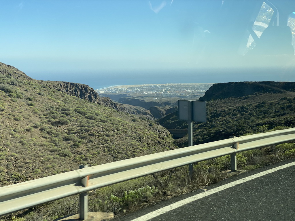 The town of Maspalomas with the Maspalomas Dunes, viewed from the tour bus on the GC-60 road