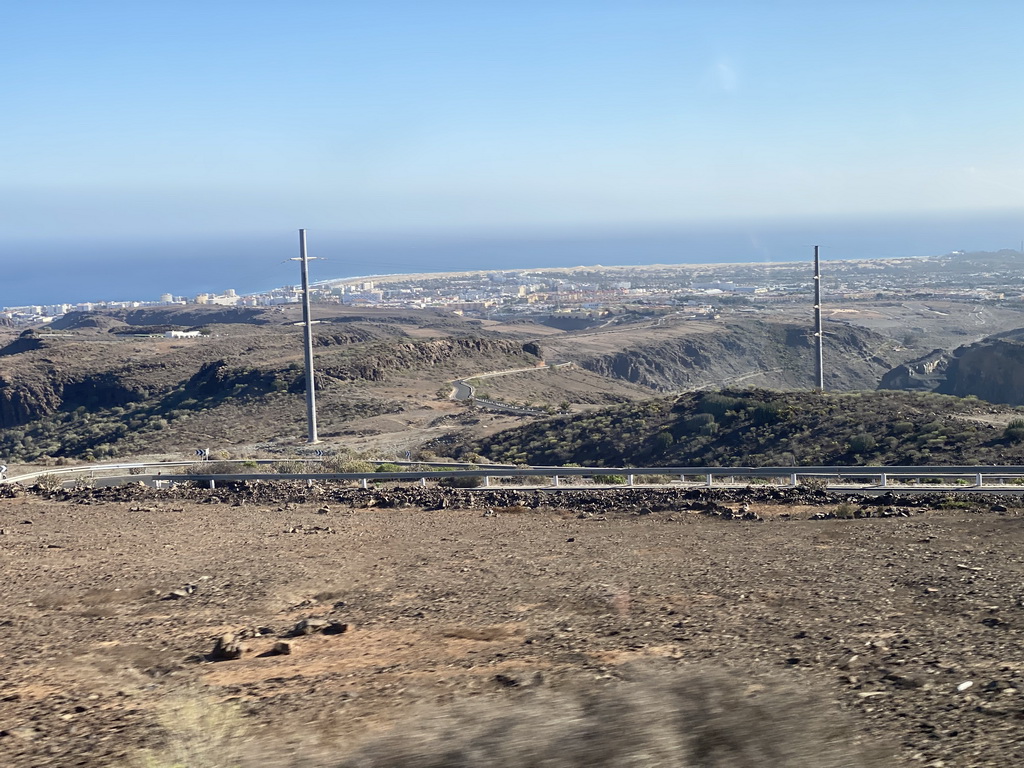 The town of Maspalomas with the Maspalomas Dunes, viewed from the tour bus on the GC-60 road