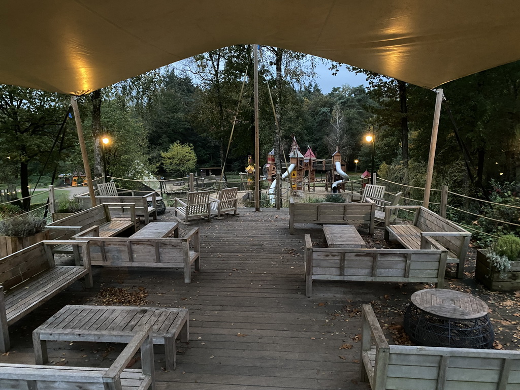 Terrace of the Brasserie Miggelenberg restaurant and main playground at the Landal Miggelenberg holiday park