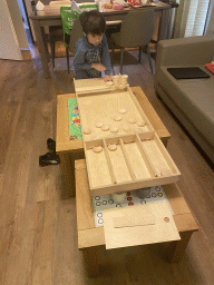 Max playing shuffleboard in the living room of our holiday home at the Landal Miggelenberg holiday park