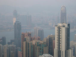 The skyline of Hong Kong and Kowloon with the International Commerce Centre, under construction, and the Two International Finance Centre, and Victoria Harbour, viewed from Victoria Peak, at sunset