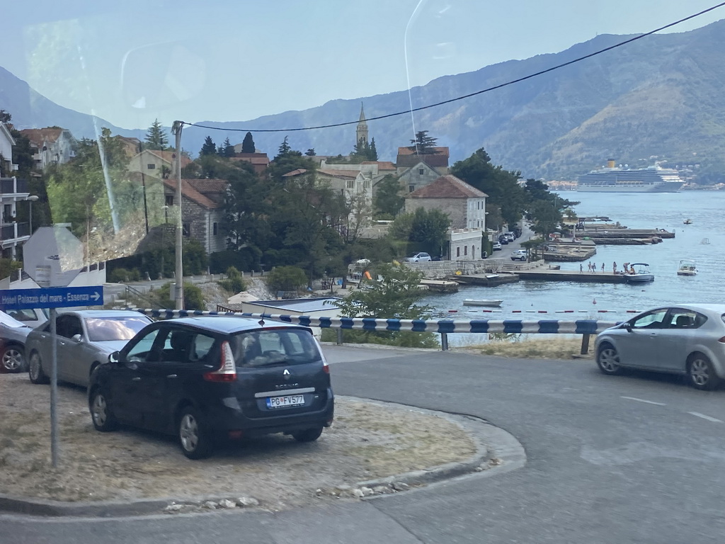 The town of Dobrota with the Church of Saint Eustahije, viewed from the tour bus on the E65 road