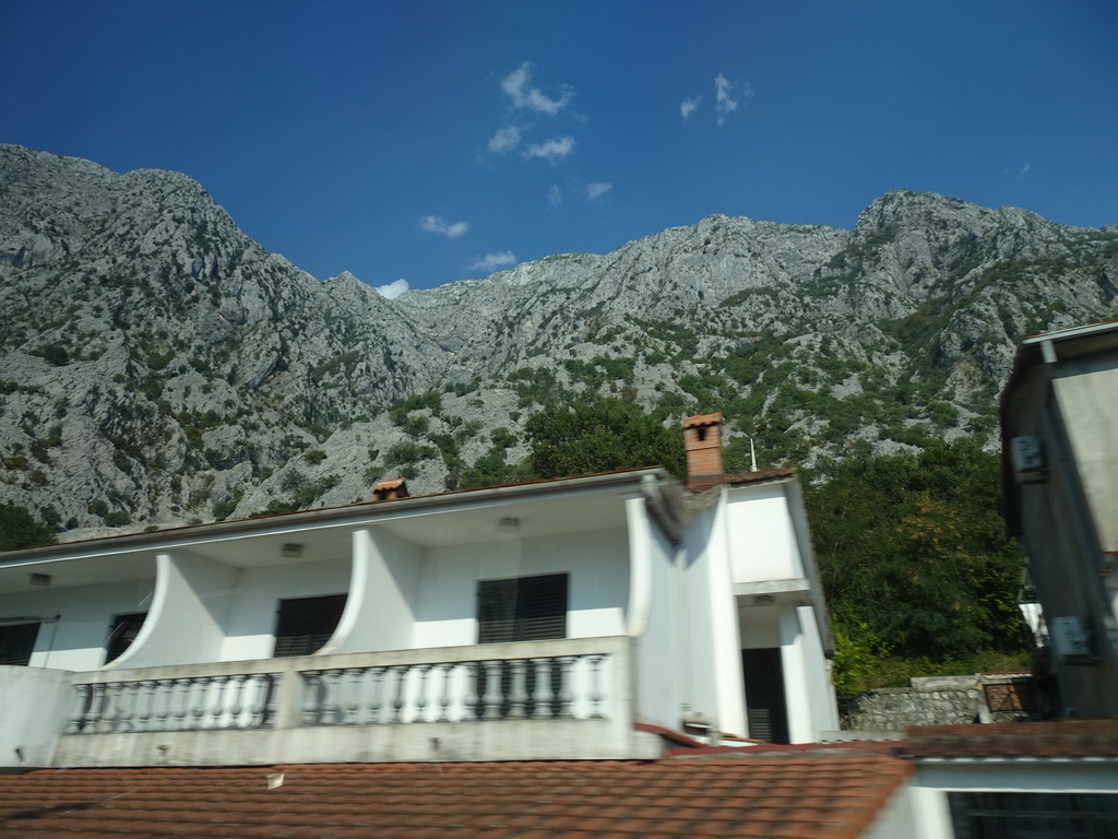 Front of a building at the town of Ljuta, viewed from the tour bus on the E65 road