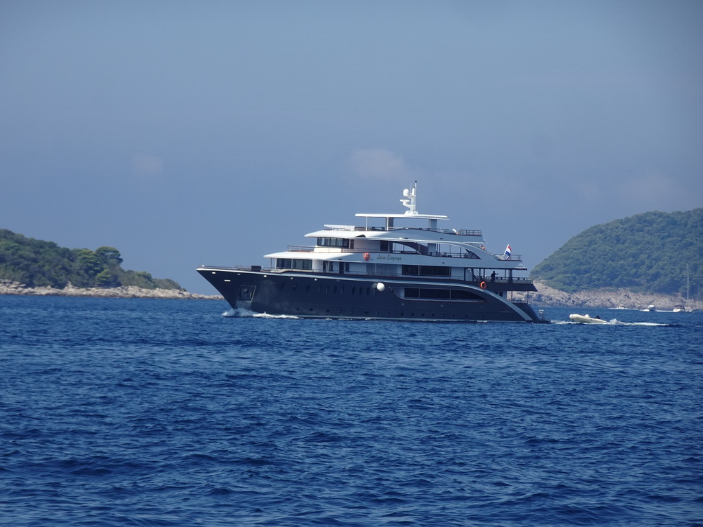 The boat `Lady Eleganza` on the Adriatic Sea and the Kolocep island, viewed from the Elaphiti Islands tour boat