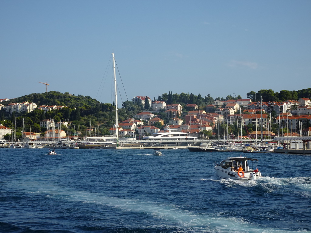 Boats and piers at the Gru Port, viewed from the Elaphiti Islands tour boat