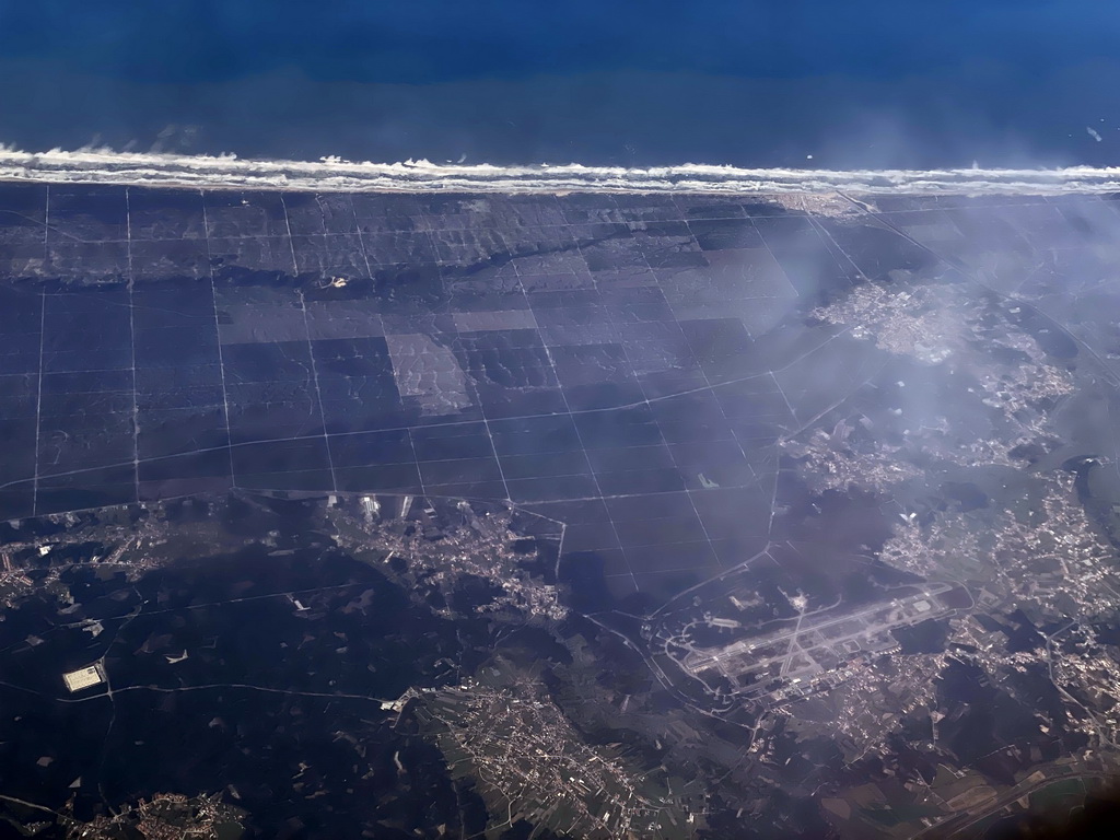 The Praia do Samouco beach and the Base Aérea 5 Monte Real air force base in Portugal, viewed from the airplane from Rotterdam