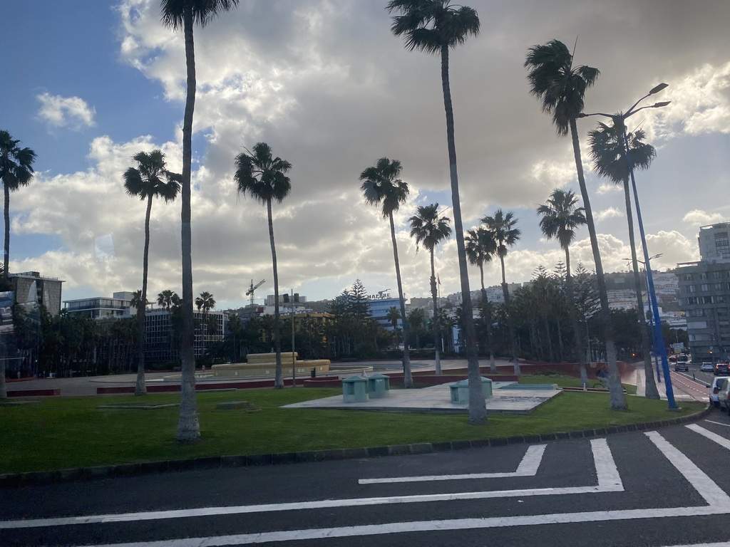 The Plaza Fuero Real de Gran Canaria square with the Fuente Luminosa fountain, viewed from the bus to Maspalomas on the GC-1 road