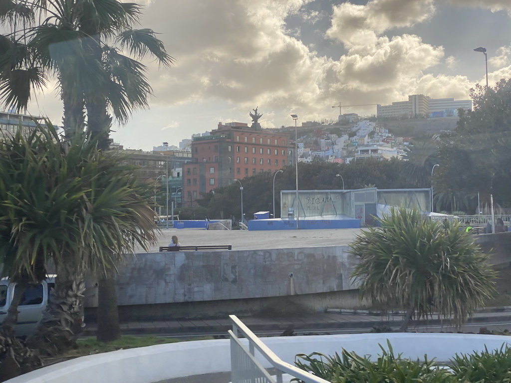 The roof of the San Telmo Bus Station and the Parque San Telmo park, viewed from the bus to Maspalomas on the GC-1 road