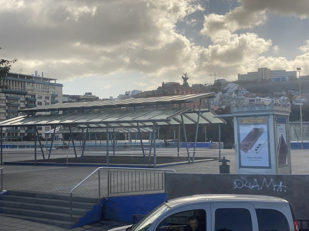 The roof of the San Telmo Bus Station and the Parque San Telmo park, viewed from the bus to Maspalomas on the GC-1 road