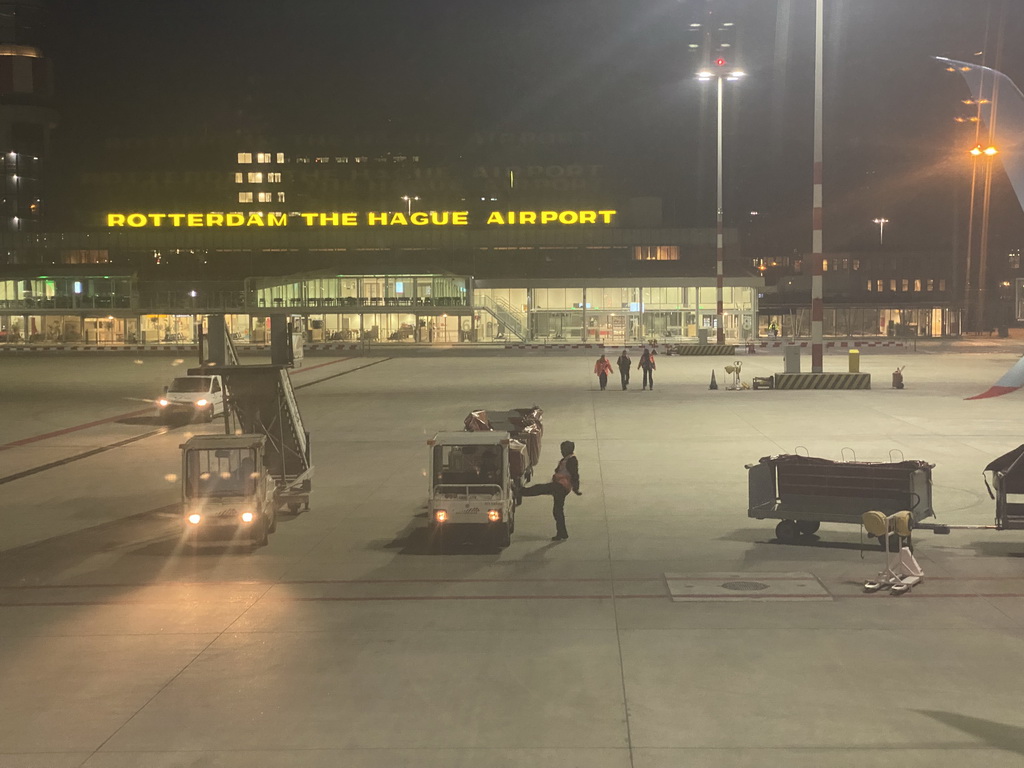 The Rotterdam The Hague Airport, viewed from the airplane, by night