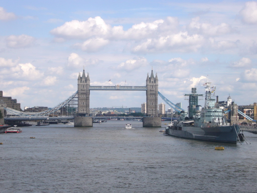 The Tower Bridge over the Thames river, the London Bridge City Pier and the HMS Belfast ship, from London Bridge