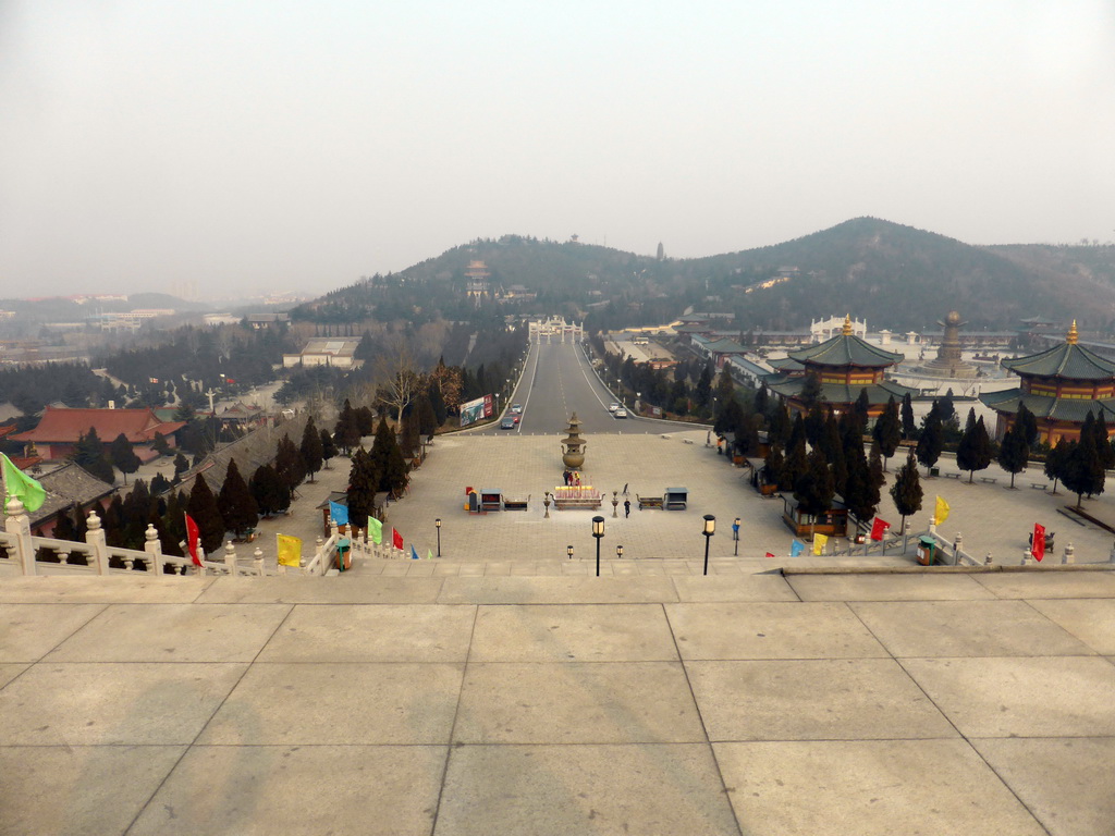 The central square and the western and eastern side of the Nanshan Temple, viewed from the second platform of the staircase to the Nanshan Great Buddha