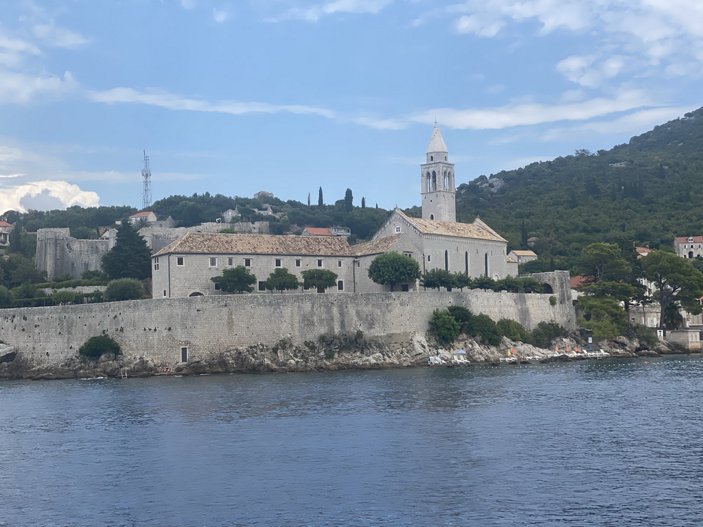 Lopud island with the Church of Sveta Marija od pilice, viewed from the Elaphiti Islands tour boat