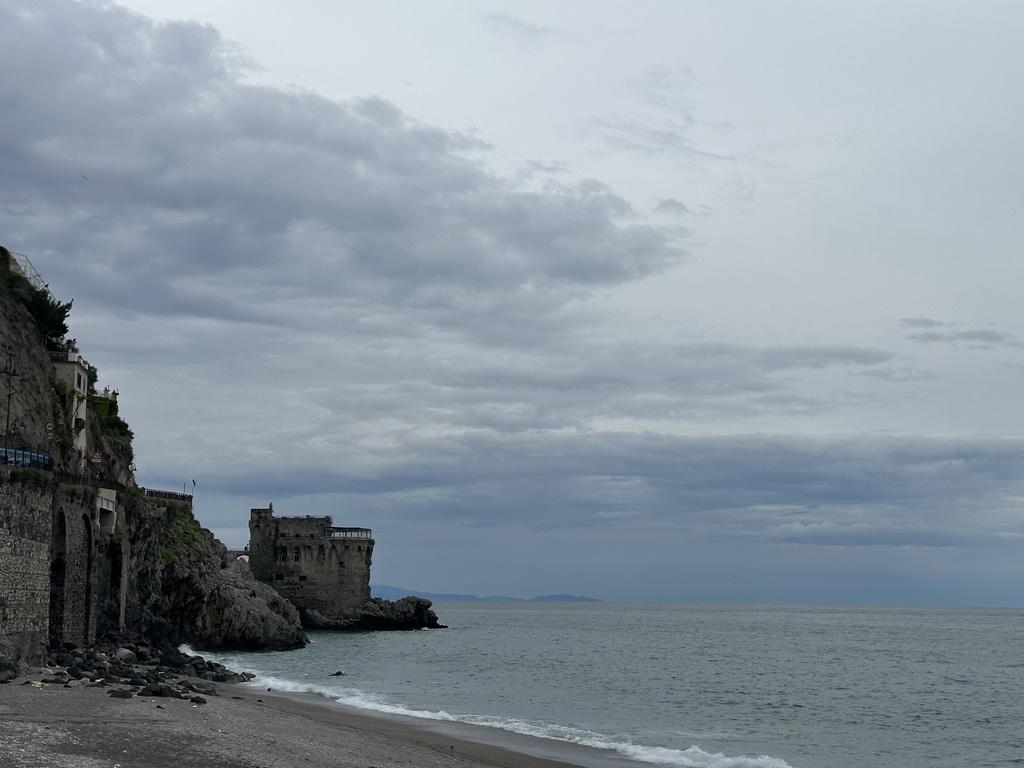 The Maiori Beach and the Torre Normanna tower, viewed from the parking lot of the Hotel Sole Splendid