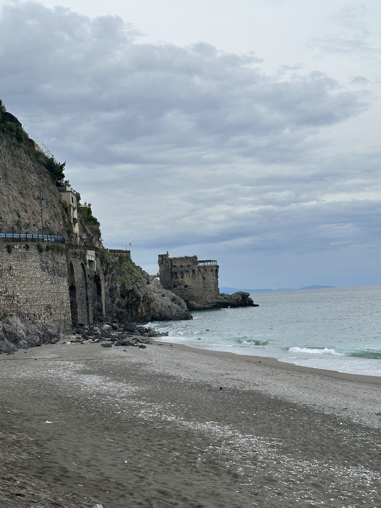 The Maiori Beach and the Torre Normanna tower, viewed from the parking lot of the Hotel Sole Splendid