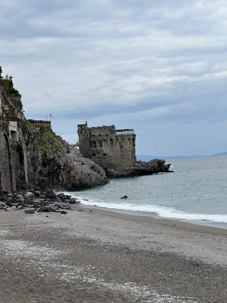 The Maiori Beach and the Torre Normanna tower, viewed from the parking lot of the Hotel Sole Splendid