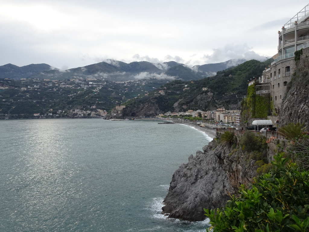 The Maiori Beach, the town center and the Tyrrhenian Sea, viewed from a parking lot of the Torre Normanna tower