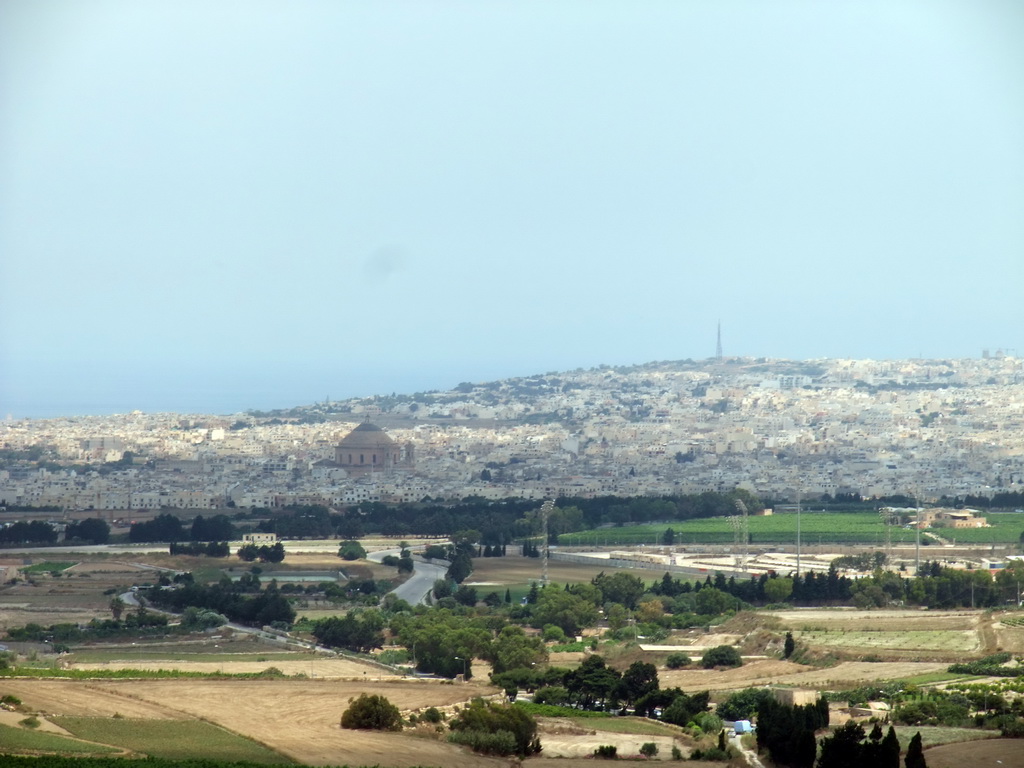 The town of Mosta and the dome of the Church of the Assumption of Our Lady, viewed from the Pjazza Tas-Sur square at Mdina