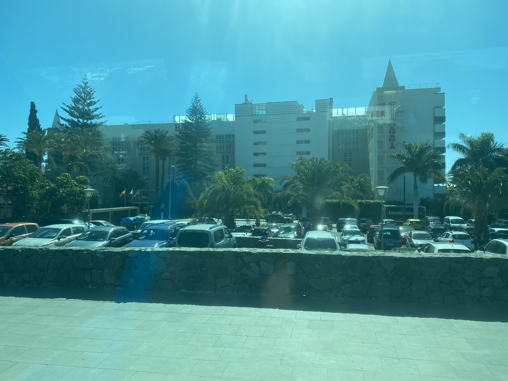 Front of the Bull Hotel Costa Canaria & Spa at the Calle las Ratemas street, viewed from the bus to Las Palmas at the GC-500 road