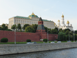 The Grand Kremlin Palace, the Cathedral of the Annunciation and the Cathedral of the Archangel Michael at the Moscow Kremlin and the Moskva river, viewed from the tour boat