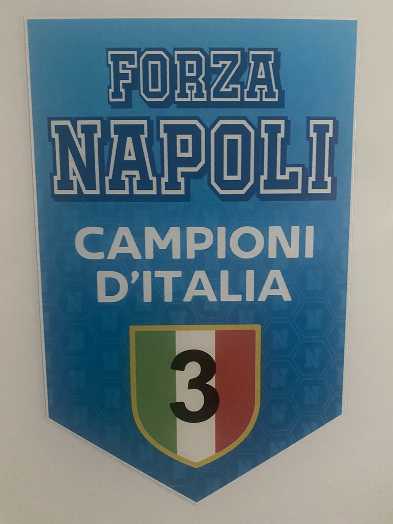 Sticker for SSC Napoli`s third Italian championship on the door of the fridge in the kitchen of the House of Mola apartment