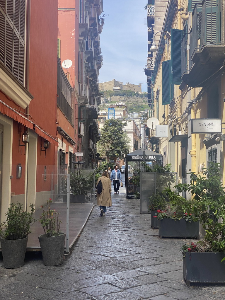 The Vico Satriano street and the Vomero Hill with the Castel Sant`Elmo castle, viewed from the Riviera di Chiaia street