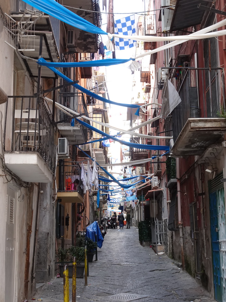 Decorations for SSC Napoli`s third Italian championship at the Via Camillo Cucca street, viewed from the Riviera di Chiaia street