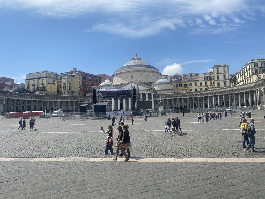 The Piazza del Plebiscito square with the front of the Basilica Reale Pontificia San Francesco da Paola church and stage for the May 1 celebrations