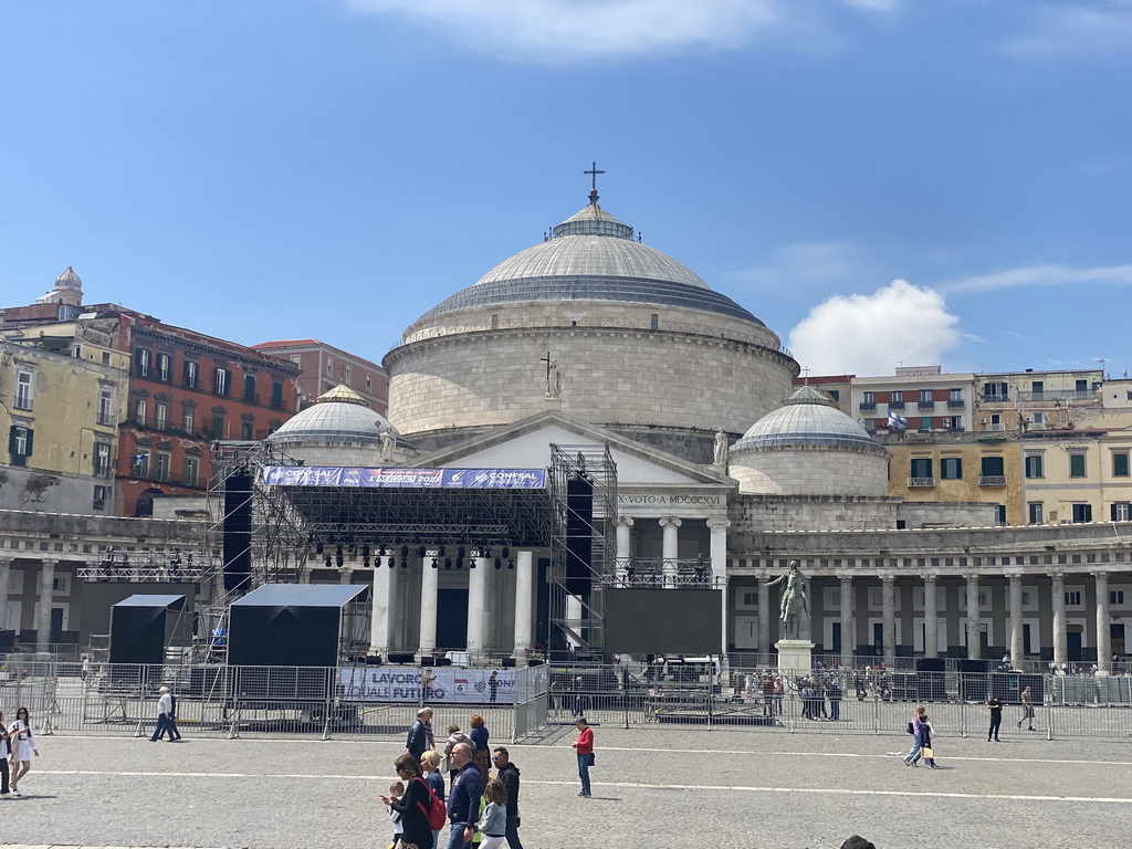 Front of the Basilica Reale Pontificia San Francesco da Paola church and stage for the May 1 celebrations at the Piazza del Plebiscito square