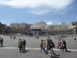 The Piazza del Plebiscito square with the front of the Basilica Reale Pontificia San Francesco da Paola church and stage for the May 1 celebrations