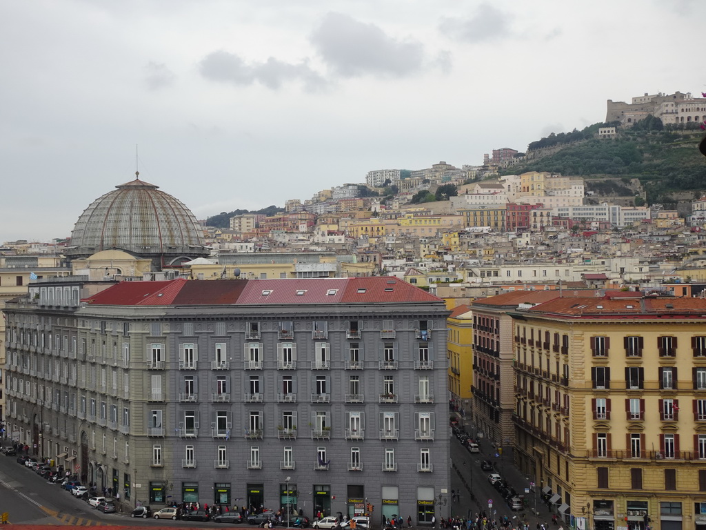 Dome of the Galleria Umberto I gallery and the Vomero Hill with the Castel Sant`Elmo castle and the Museo Nazionale di San Martino museum, viewed from the northwest side of the roof of the Castel Nuovo castle