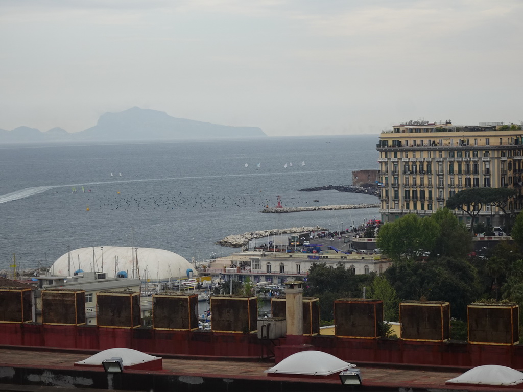 South side of the Castel Nuovo castle, the Porticciolo di Santa Lucia marina, the Gulf of Naples and the island of Capri, viewed from the northwest side of the roof